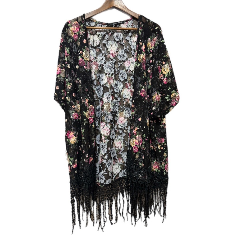 Sweet Rain Kimono Women 2X Black Floral‎ Excellent Lace Fringe Boho Wrap T91994